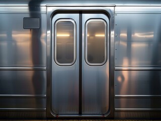 A close-up of a train door, closed and ready for passengers to board.  The metallic surface reflects the surrounding environment.