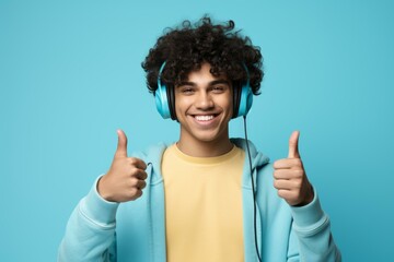 Cheerful male with curly hair enjoying music, smiling with thumbs up on a blue background