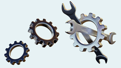 3d dimensional of isolated steel gear and wrench tool 