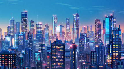 Obraz premium An urban scenery at dusk, where thousands of lights illuminate the skyscrapers, creating a magical atmosphere. The sky is now dark, but still visible, which gives the image a sense of mystery.