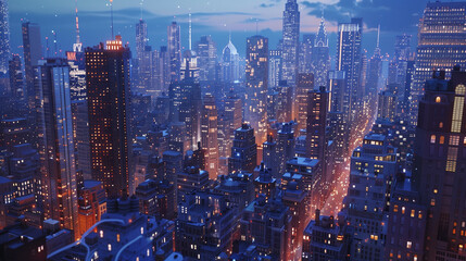 Obraz premium An urban scenery at dusk, where thousands of lights illuminate the skyscrapers, creating a magical atmosphere. The sky is now dark, but still visible, which gives the image a sense of mystery.