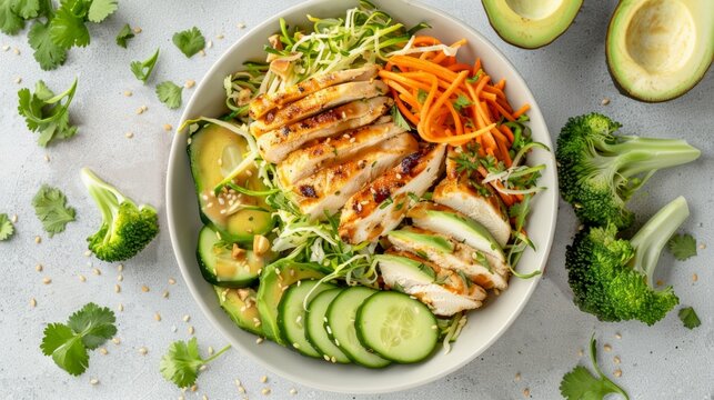 Healthy grilled chicken bowl with fresh vegetables. A balanced meal for lunch or dinner. Vibrant colors and delicious taste. Ideal for healthy eating and nutrition. High quality food photography. AI