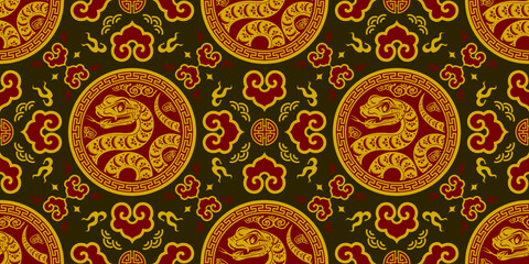 Seamless pattern happy chinese new year 2025 the snake zodiac sign with asian elements paper cut style on color background. ( Translation : happy new year 2024 year of the snake )
