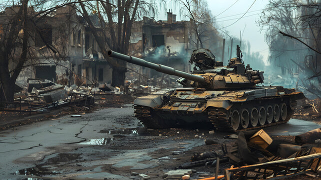 A T72 tank is parked in the center of a destroyed Ukrainian town, surrounded by rubble and broken buildings.