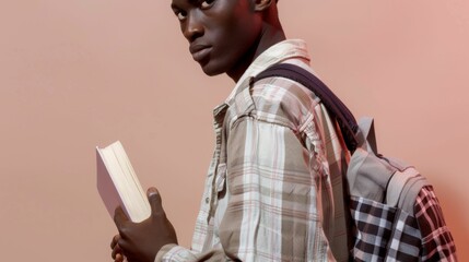 Young man with backpack holding book standing against pink wall looking to side wearing plaid shirt casual pose modern style thoughtful expression.