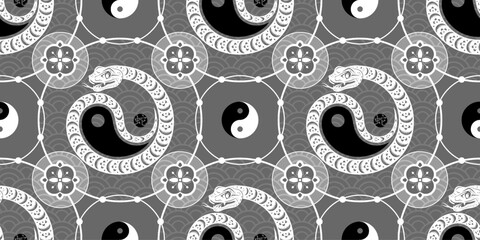 Seamless pattern happy chinese new year 2025 the snake zodiac sign with asian elements paper cut style on color background. ( Translation : happy new year 2024 year of the snake )
