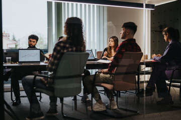 A group of diverse businesspeople engaged in a meeting inside a contemporary office space, discussing data on a laptop screen, focusing on growth and results.