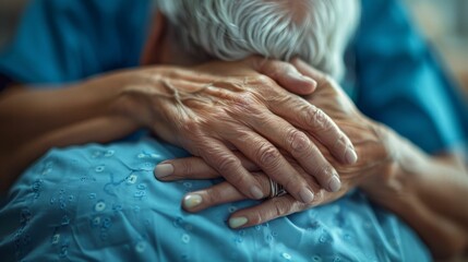 Elderly person with white hair wearing a blue shirt embracing another person with a blue shirt showing love and care.