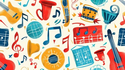 The image is a colorful pattern of musical instruments and notes. It has a cheerful and lively feel.