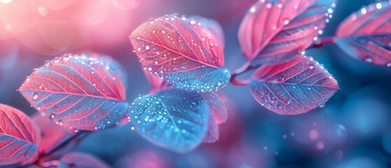 White transparent skeleton leaves with beautiful texture on a blue, lilac and pink abstract...