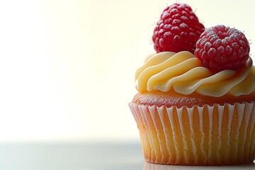 Raspberry cupcake with cream cheese frosting, served on a white plate, food photography, vibrant and delicious dessert option