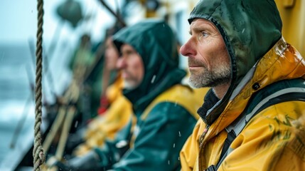 Three men on a boat wearing yellow and green jackets with hoods up looking out at the sea.