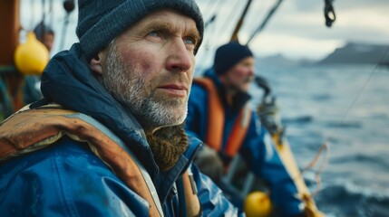 Obraz premium Two men on a boat one with a beard both wearing life jackets looking out at the ocean.