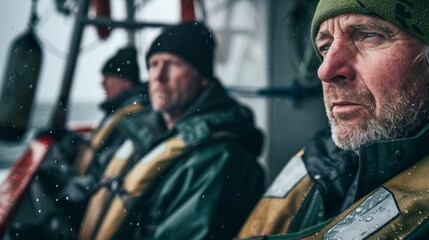 Three men in rain gear on a boat looking into the distance with raindrops on the lens.