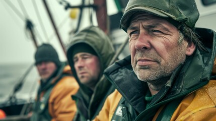 Fototapeta premium Three men on a boat dressed in rain gear looking out into the distance possibly at the horizon or an approaching storm.