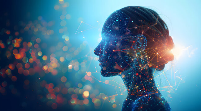  A digital human profile with glowing neural connections, representing the AI intelligence behind virtual doll technology, set against an abstract blue background with bokeh lights.