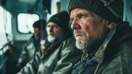 A man with a beard and a knit cap sitting on a boat looking out at the sea with a serious expression.