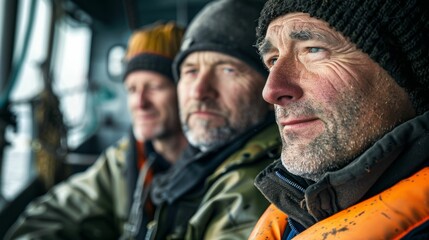 Fototapeta premium Three men with weathered faces wearing winter clothing and beanies sitting in a boat looking forward with serious expressions.