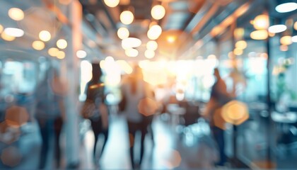 Blurred image of people walking in a modern cafe with warm lighting.