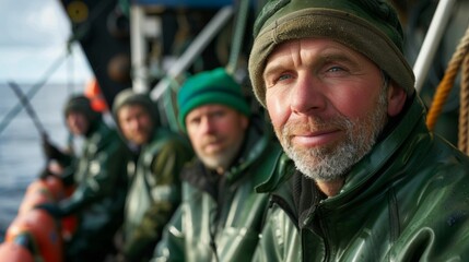 Obraz premium A group of men in green jackets and hats sitting on a boat looking out at the water.