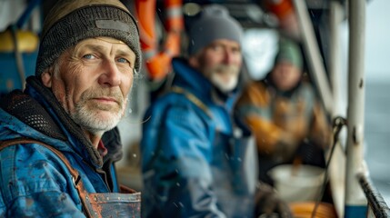 A weathered fisherman with a gray beard and blue jacket wearing a beanie gazing into the distance on a boat.