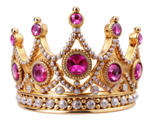 Royal gold crown with pink diamonds isolated on transparent background