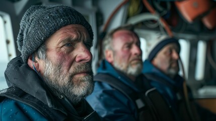 Obraz premium Three men on a boat one with a knit cap all with beards looking out to sea wearing jackets one with a blue jacket one with a black jacket and one with a blue jacket and a white cap.