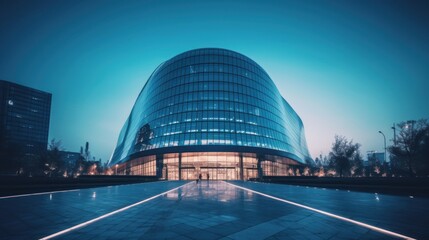 Obraz premium a modern building at dusk with a curved glass facade that reflects the blue hues of the sky.