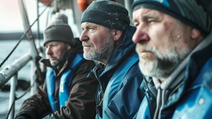 Fototapeta premium Three men with gray beards wearing blue life jackets and winter hats sitting on a boat looking into the distance with serious expressions.