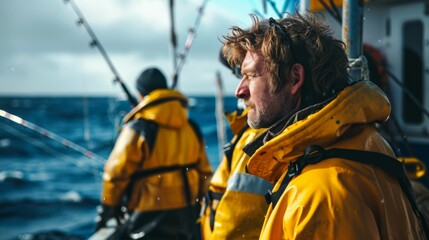 Obraz premium Two men in yellow rain jackets on a boat looking out at the ocean with fishing poles and a cloudy sky.