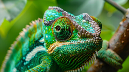Fototapeta premium Green colored chameleon close up