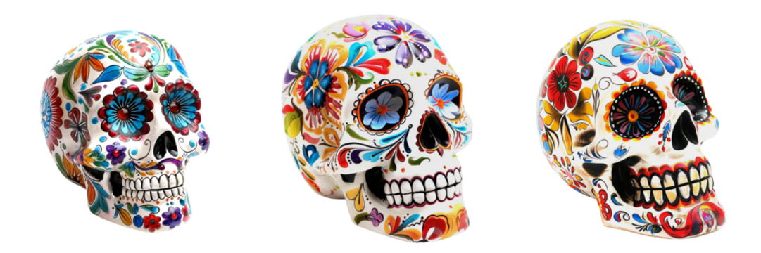 set of day of the dead sugar skull with colorful decorations isolated on transparent background