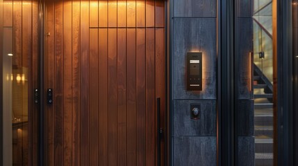 Obraz premium Modern house facade with a combination of dark gray and wooden textures. There is a prominent wooden door with horizontal panels and a sleek black handle