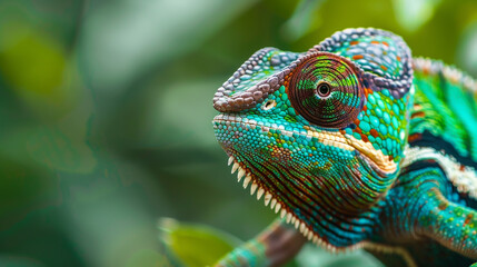 Obraz premium Green colored chameleon close up