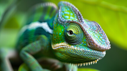 Obraz premium Green colored chameleon close up