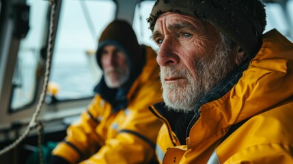 Two elderly men in yellow jackets and hats sitting on a boat looking out at the sea with a contemplative expression.