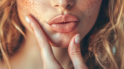 A close-up of a woman with rosy cheeks and full lips her hand gently touching her chin conveying a sense of softness and elegance.