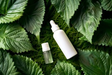 Beauty concept with serum bottle and tube craem on green leaf nature texture background top view. generative ai.