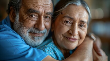 An elderly couple sharing a warm embrace their faces lit up with smiles reflecting a lifetime of love and companionship.