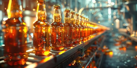 Obraz premium Beer bottles moving along a production line in a brewery, illuminated by warm lights, showcasing the brewing process and industrial setting.