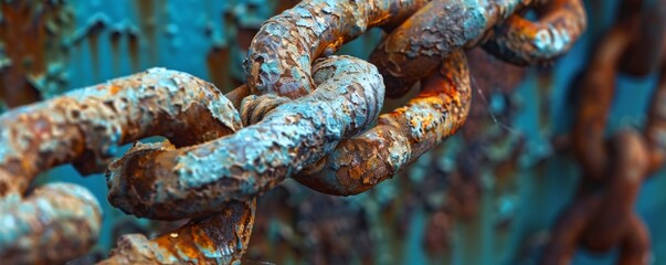 Close-up of a rusty chain with a blue background.