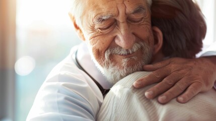 An elderly man with a white beard and closed eyes wearing a white shirt being embraced by a younger person both sharing a moment of warmth and affection.