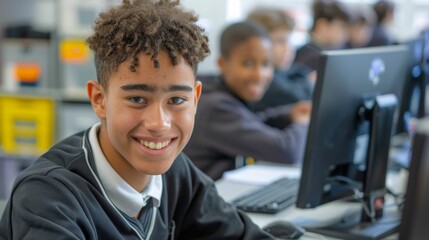 Young student with curly hair smiling at camera sitting ata desk with a computer monitor and keyboard in a classroom setting with blurred classmates in the background.