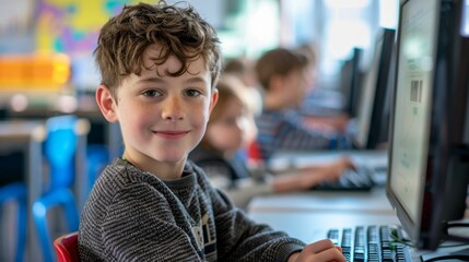 Young boy with curly hair smiling at camera sitting at a computer desk with a monitor and keyboard in a classroom setting with other students in the background.