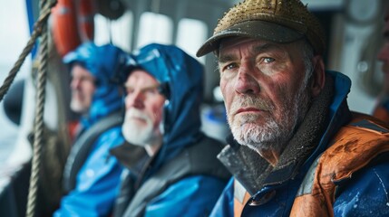 Three weathered men in blue rain gear one with a brown cap sitting on a boat looking ahead with serious expressions.