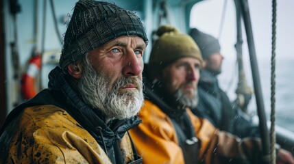Obraz premium A group of bearded men in winter clothing including hats and jackets sitting on a boat looking out into the distance with serious expressions.
