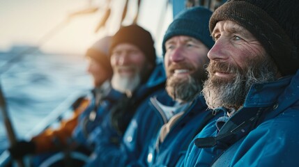 Three bearded men in blue jackets and hats sitting on a boat looking out at the sea with smiles on their faces.