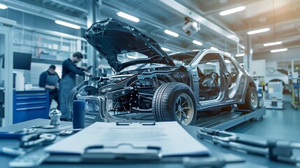 Fototapeta premium auto repair shop scene sun rays on car with open hood clipboard maintenance checklist