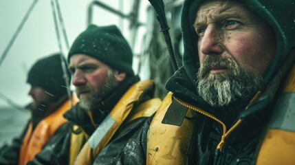 Obraz premium Three men with beards wearing life jackets and hoods on a boat in the rain.