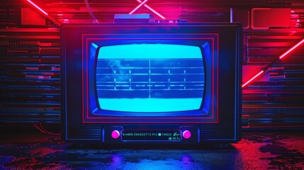 Obraz premium front on view of old screen, red and blue glowing lights, cassette futurism
